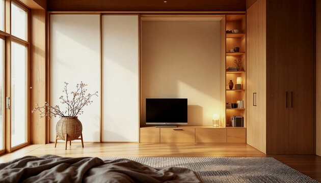 Cleaning and organizing are needed for this minimalist, Muji-style wooden room with a Japanesedi interior design that exudes space and calm