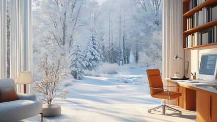在宅仕事のホームオフィスがある雪に覆われた森、冬の風景。オンラインセミナー、Zoom、打ち合わせ、SNS、動画の背景としてお使いいただけます。