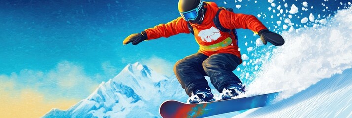 A snowboarder in an orange jacket riding down a snowy slope with mountains in the background.