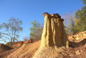 landscape view of sandstone columns formed by erosion and Soil subsidence over thousands of years.