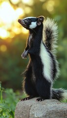 A black and white striped animal stands on a rock, with a blurred natural background.