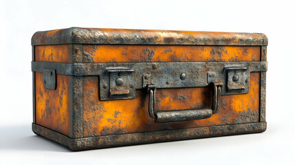A vintage orange toolbox with a rustic finish, perfect for showcasing craftsmanship or industrial themes.
