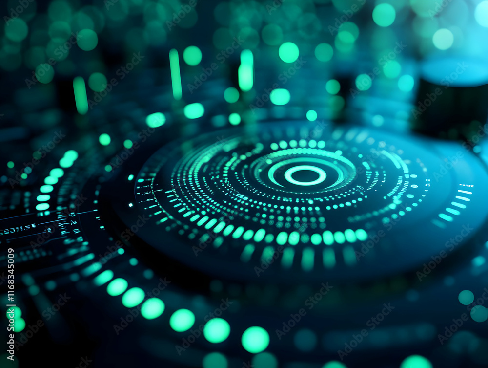 Poster abstract digital background with vibrant green circles and patterns, representing advanced technolog