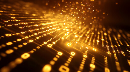 Fototapeta premium Abstract digital binary background with glowing gold particles and shimmering lines for tech designs.