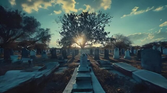 Fantastically mysterious cemetery with tombstones and terribly scary atmosphere, abstract vivid composition consists of fictional unreal fantastic vision on background