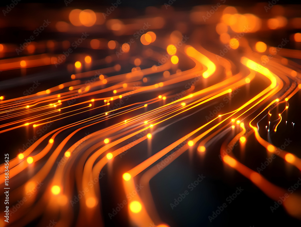 Poster abstract representation of digital circuits with glowing orange lines and lights, symbolizing techno