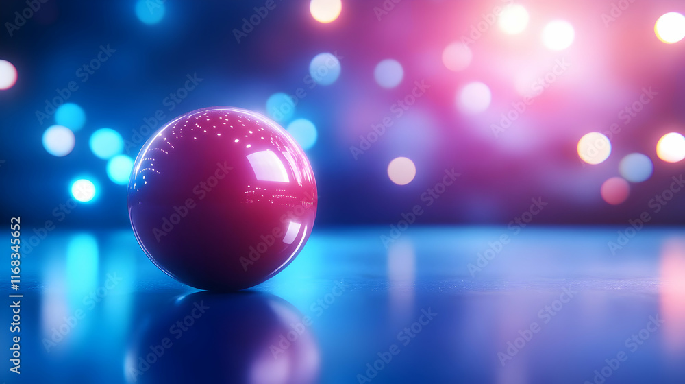 Poster a vibrant red sphere on a reflective surface with colorful bokeh lights in the background, creating 