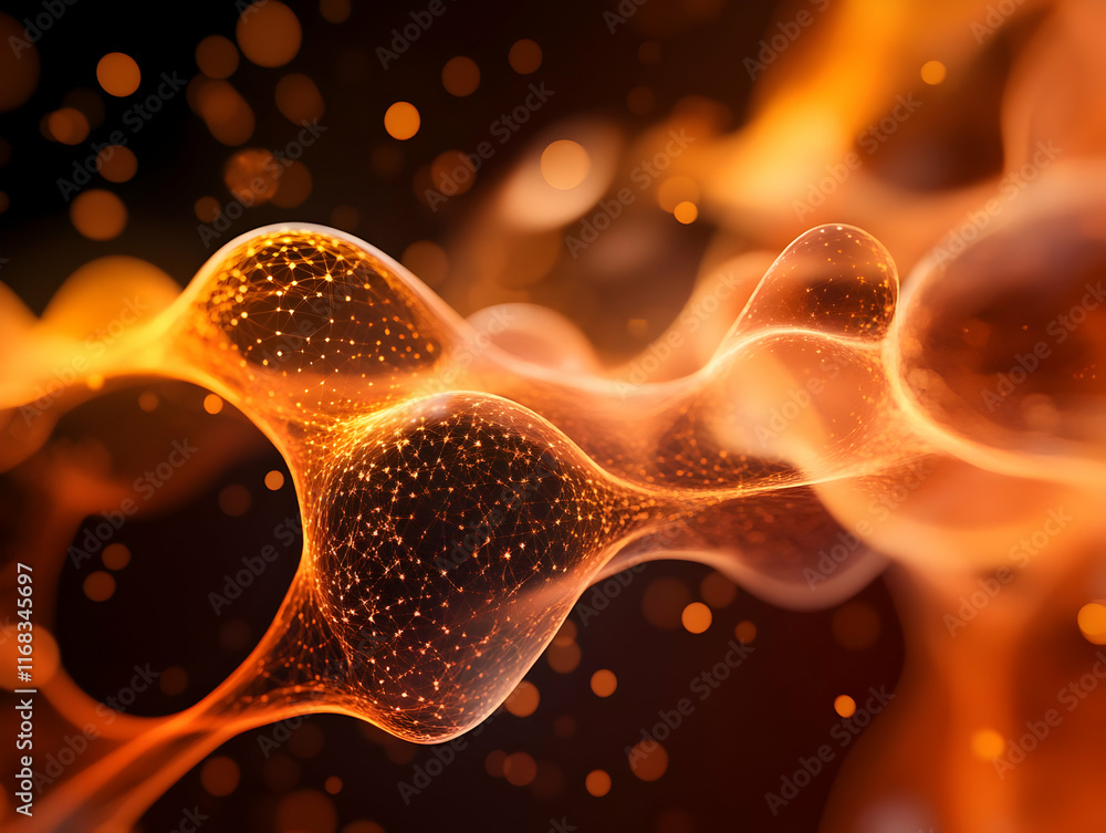 Poster abstract representation of energy flow, showcasing vibrant orange hues and dynamic shapes in a capti