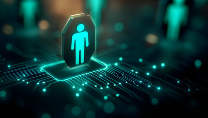 Abstract representation of digital identity with glowing circuits and human figures, symbolizing tech evolution.