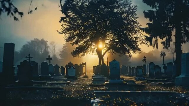Fantastically mysterious cemetery with tombstones and terribly scary atmosphere, abstract vivid composition consists of fictional unreal fantastic vision on background
