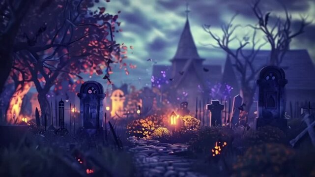 Fantastically mysterious cemetery with tombstones and terribly scary atmosphere, abstract vivid composition consists of fictional unreal fantastic vision on background