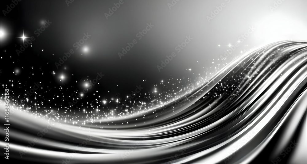 Poster abstract wave design with shimmering lights, creating a sense of depth and motion in a sleek, modern