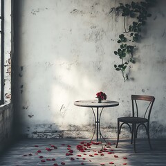 romantic valentine setting with a white wall, rose petals, and a cozy table