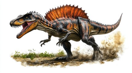 Fototapeta premium Illustration of a Spinosaurus, showcasing its distinctive features and dynamic pose.
