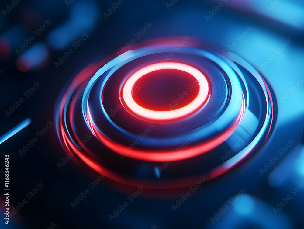 Poster an abstract close-up of a glowing control button with vibrant colors and a sleek design, perfect for
