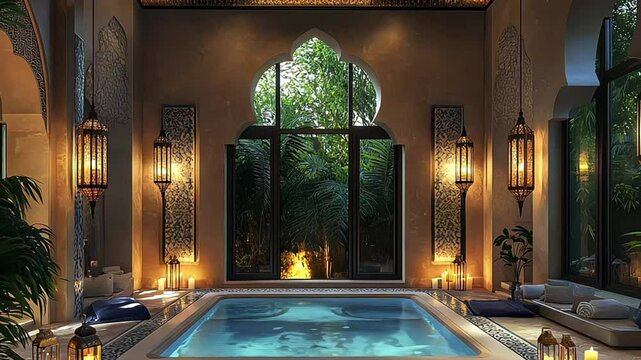 A beautiful pool with a green wall and a green ceiling. The pool is surrounded by plants and has a lot of natural light. Scene is serene and relaxing