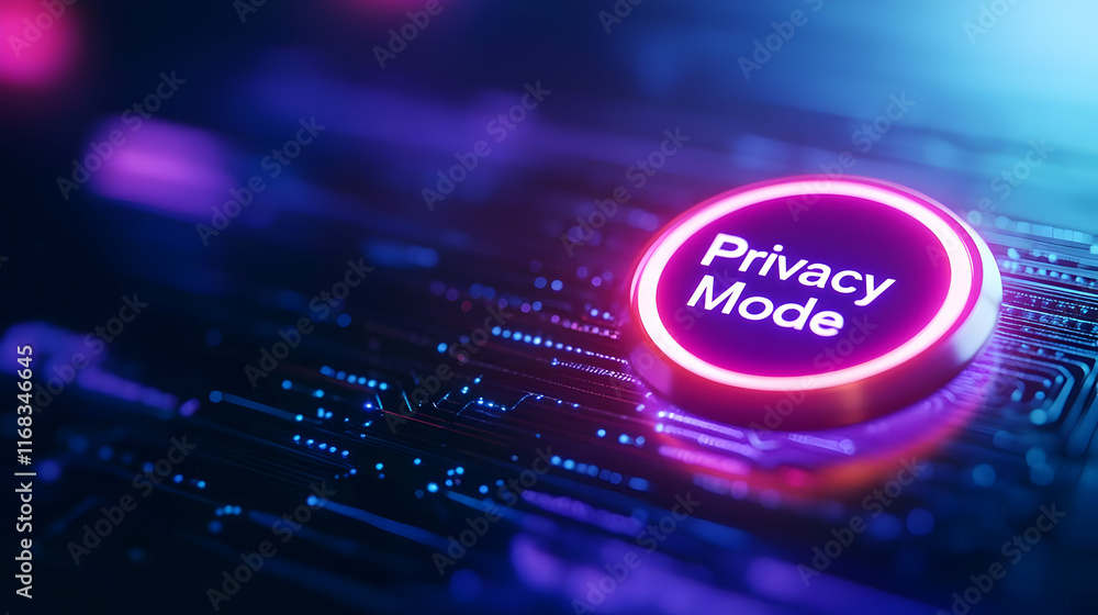 Poster close-up of a futuristic privacy mode button glowing on a circuit board, representing cybersecurity 