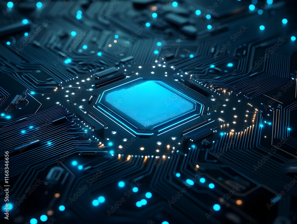 Poster close-up of a futuristic microchip with glowing circuits, representing advanced technology and innov