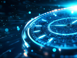 Close-up of a futuristic digital clock displaying vibrant blue lights and intricate details.