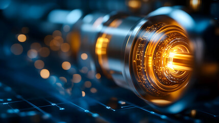 Close-up of a futuristic technology component glowing in blue and orange light. A unique blend of innovation and design.