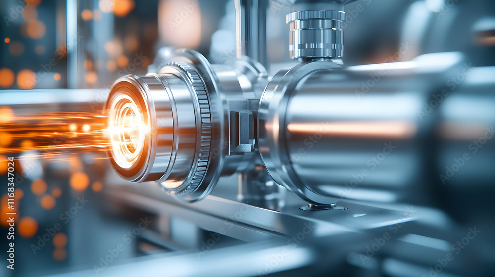Poster close-up of a metallic machinery component with glowing elements, showcasing precision engineering a