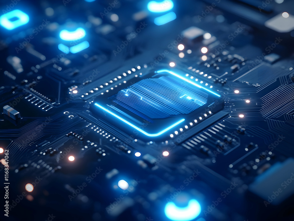 Poster close-up of a modern microchip with glowing elements, showcasing intricate details of advanced circu