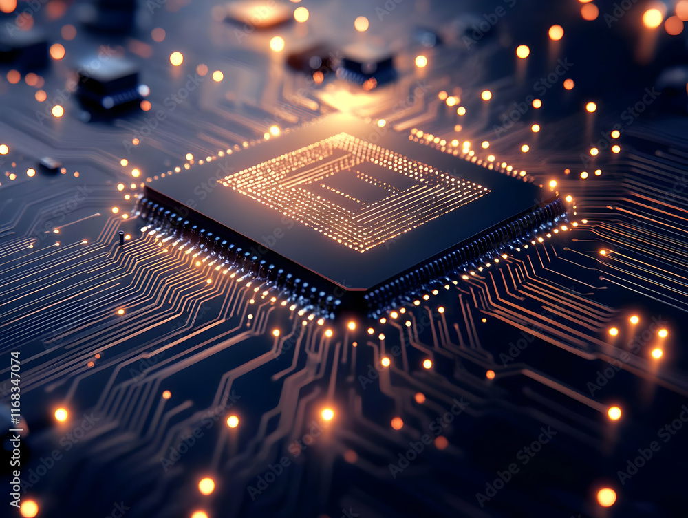 Poster close-up of a modern microchip with intricate circuits and glowing lights, showcasing advanced techn