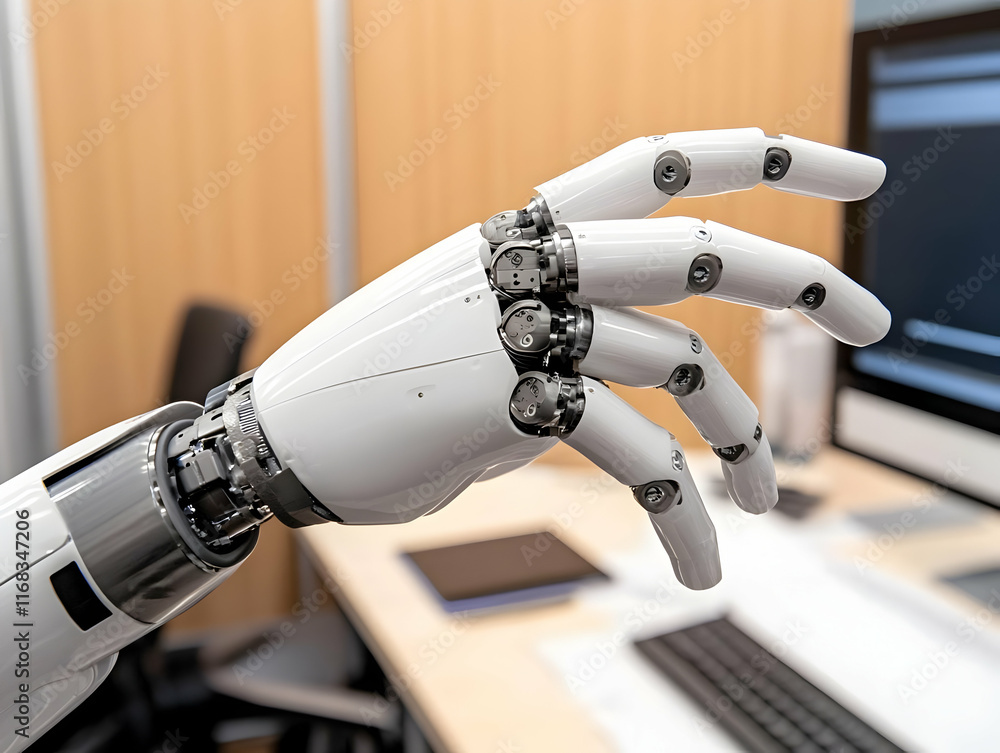 Aufkleber close-up of a robotic hand showcasing advanced engineering and technology in a modern workspace.