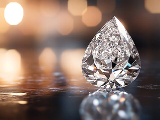 Fototapeta premium A single, flawless pear-shaped diamond displayed on a reflective glass surface with ambient lighting