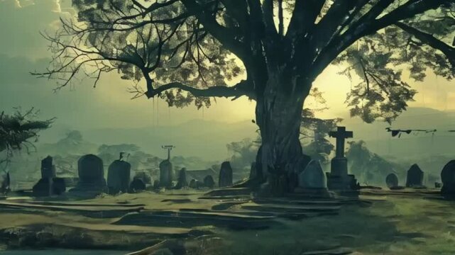 Fantastically mysterious cemetery with tombstones and terribly scary atmosphere, abstract vivid composition consists of fictional unreal fantastic vision on background