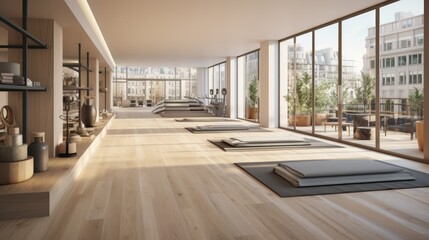 Fototapeta premium Modern yoga room with pilates mats, large window, and serene atmosphere for relaxation and exercise