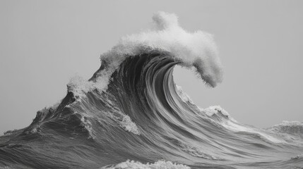 A dramatic black-and-white image of a towering ocean wave with frothy crest.