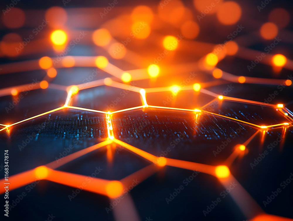 Poster close-up of glowing interconnected hexagons, representing modern technology and innovation in a digi