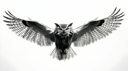 Captivating image of an owl in mid-flight, showcasing powerful wings and dramatic features against a minimal backdrop.