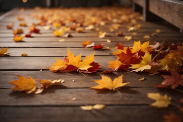 Obraz premium Falling maple leaf's on the empty wooden table top in autumn with blur background