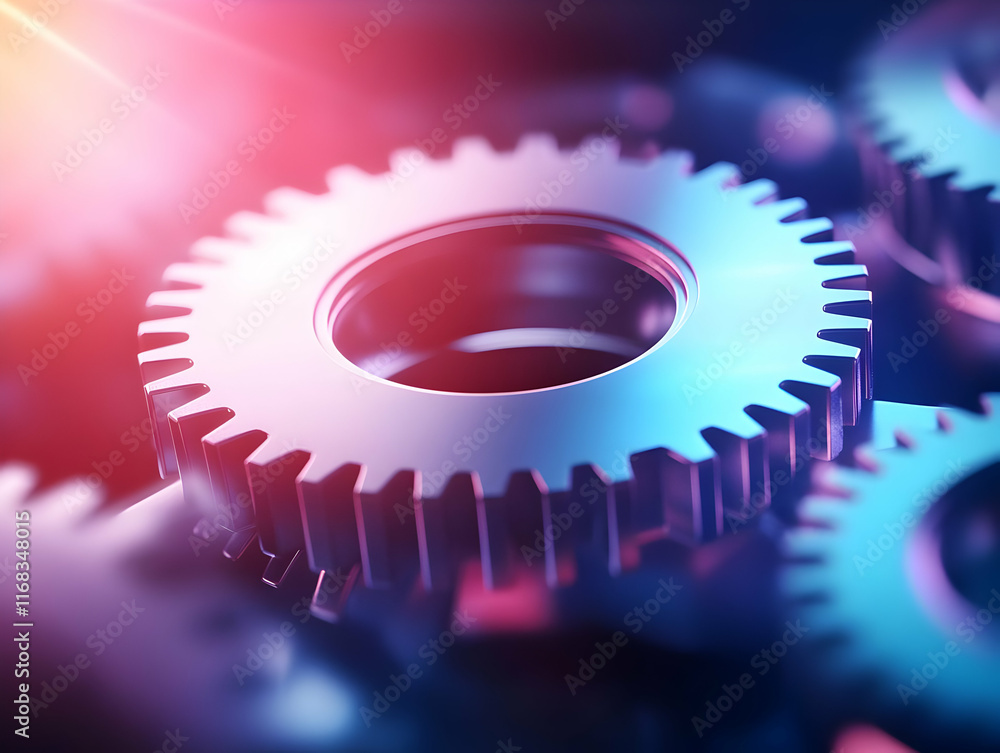 Poster close-up of shiny metallic gears representing mechanics and engineering in an industrial setting.