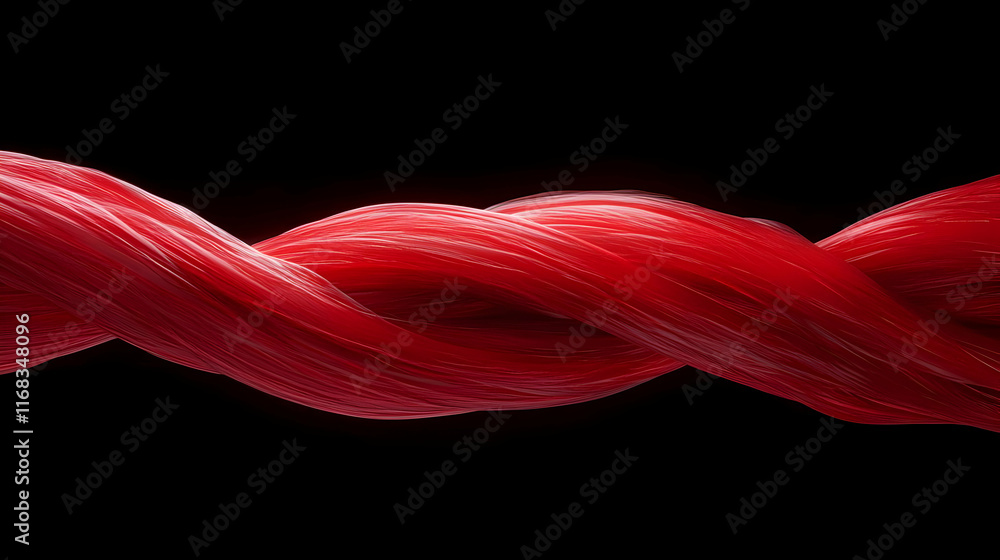 Poster close-up of twisting red fibers against a dark background, showcasing texture and color contrast.