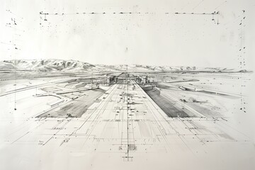 Detailed architectural sketch showcasing a vast airport layout. Perfect for presentations and design concepts.
