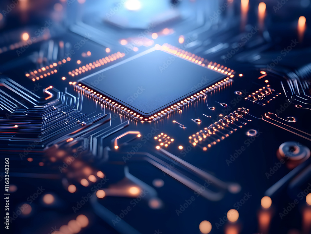 Poster close-up view of a microchip on a circuit board, showcasing intricate electronic components and glow