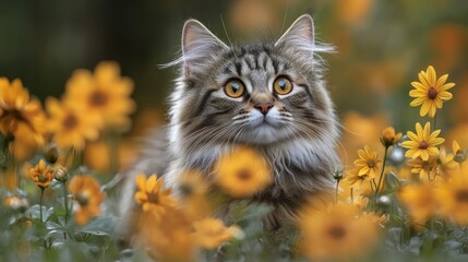 Adorable fluffy grey tabby cat with bright orange eyes sits amidst vibrant yellow flowers in a garden.