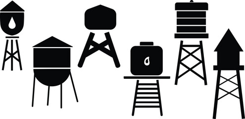 Black silhouette set of metal water tower with oval water tank countryside water reservoir infrastructure vector illustration isolated on white background,