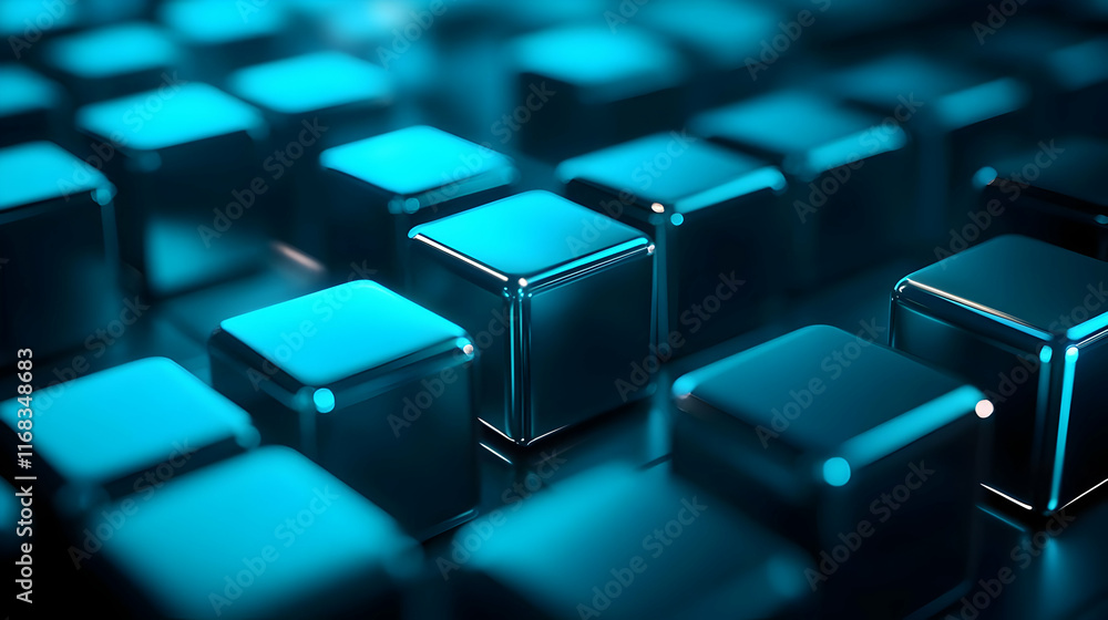 Poster close-up of a futuristic keyboard with illuminated blue keys, showcasing a modern design and advance