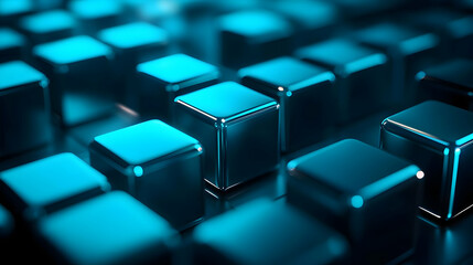 Close-up of a futuristic keyboard with illuminated blue keys, showcasing a modern design and advanced technology.