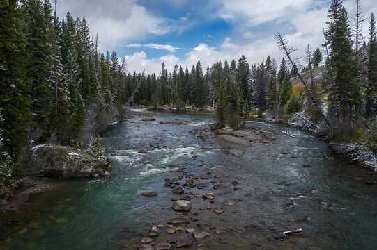 Snowy mountain river flowing through a forest. Gentle rapids and rocks in the water. Winter scene. , Cody, Wyoming, USA.