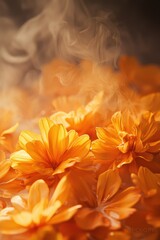 Fototapeta premium Close-up of vibrant orange flowers surrounded by soft mist at a serene garden in early morning light