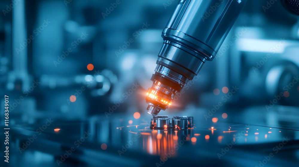 Poster close-up of a high-tech robotic arm performing precise tasks in a modern manufacturing environment.