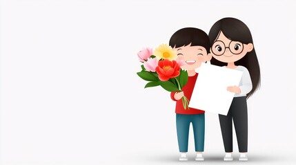 Two cheerful children holding flowers and a blank sign.