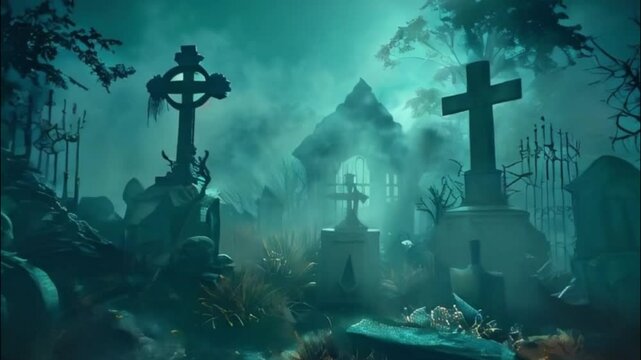 Fantastically mysterious cemetery with tombstones and terribly scary atmosphere, abstract vivid composition consists of fictional unreal fantastic vision on background