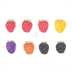 Vibrant Hand-Drawn Illustration: Eight Colorful Raspberries and Blackberries on White. AI Generated