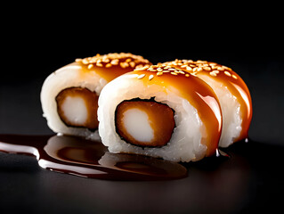 Delicious sushi rolls topped with sweet sauce and sesame seeds, perfect for gourmet food lovers.